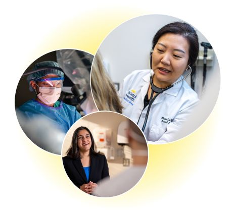 Three overlapping circular images that include a doctor in a white coat standing in a hallway, a surgeon working, and a woman talking to a doctor